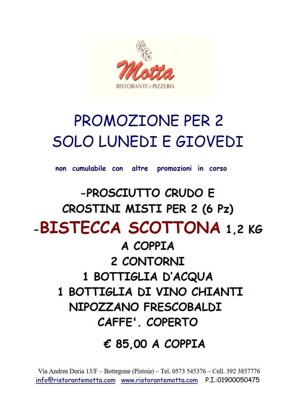 Locandina promozione bistecca per 2, lunedì e giovedì