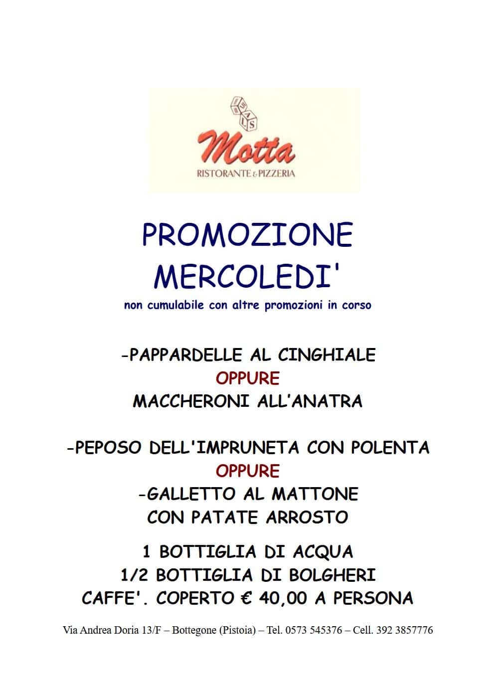Locandina promozione del mercoledì, menù toscano a 40 euro